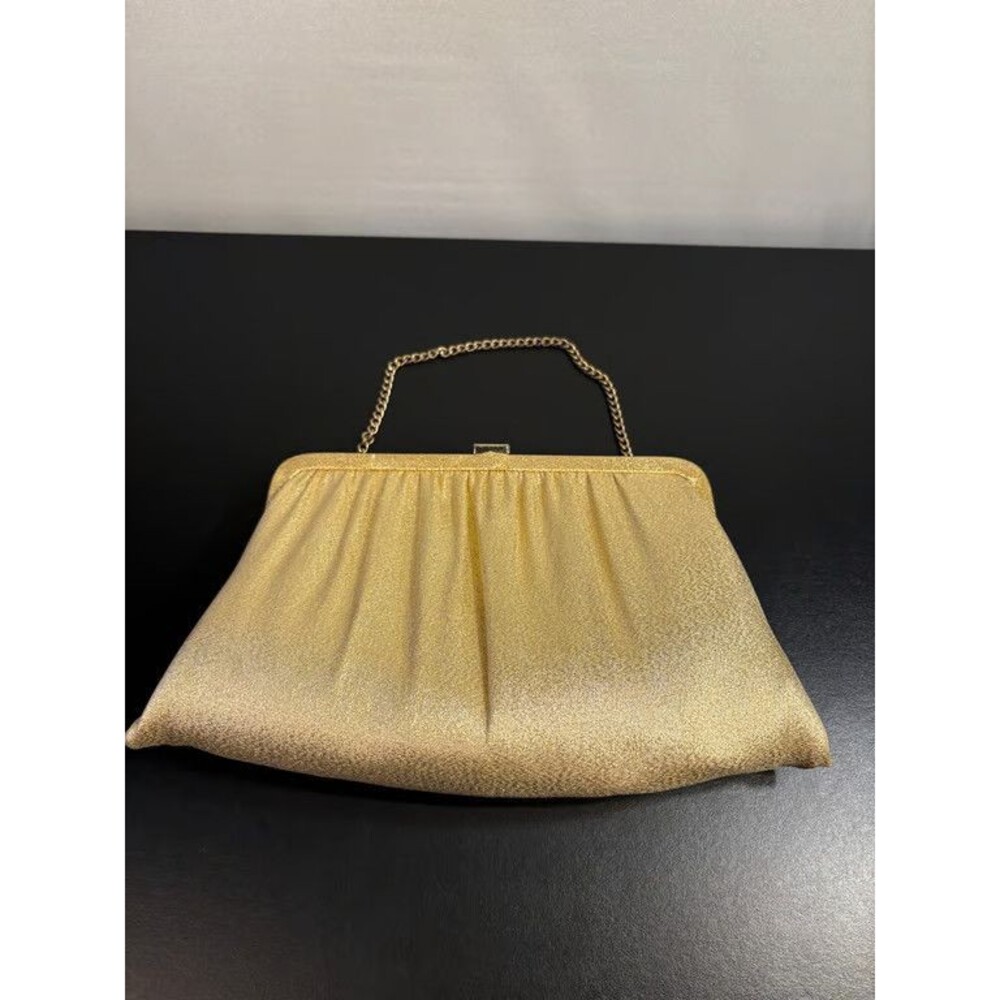 Gold Lame Evening Bag Clutch Chain Handle Formal Purse Frame Closure